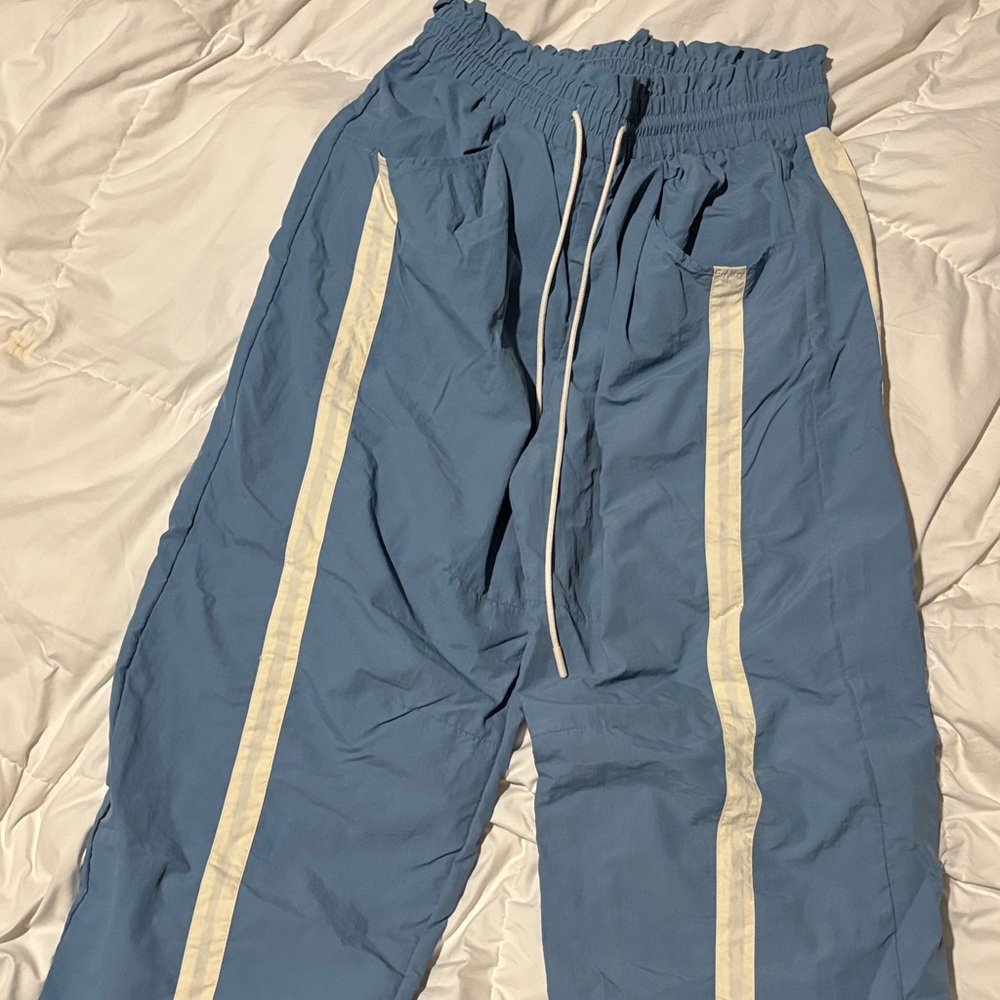 Blue Track Pants with Cream Side Stripes